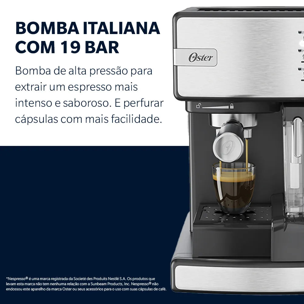 Cafeteira Espresso Oster Nova PrimaLatte Inox para Cápsula, Pó e Sachê