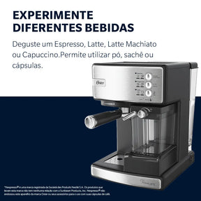 Cafeteira Espresso Oster Nova PrimaLatte Inox para Cápsula, Pó e Sachê